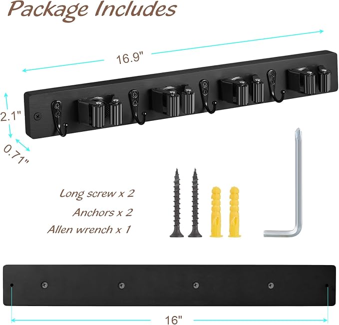 OUTNILI 2 Pack Black Mop Broom Holder Wall Mount - Wood Broom Mop Hanger - Wall Mounted Garden Tool Rack Organizer for Closet Garage Laundry Room, 4 Slots & 4 Hooks - Image 6