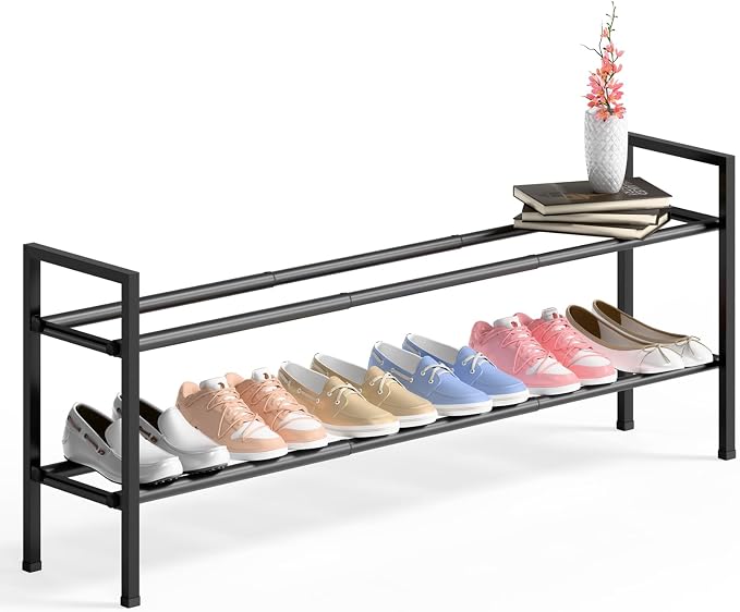 Bumusty 2-Tier Long Expandable Shoe Rack for Closet, 18"-44" Adjustable Shoe Rack for Entryway, 10-12 Pairs Large Shoe Organizer Shelf Storage, Sturdy Metal, Black - Image 7