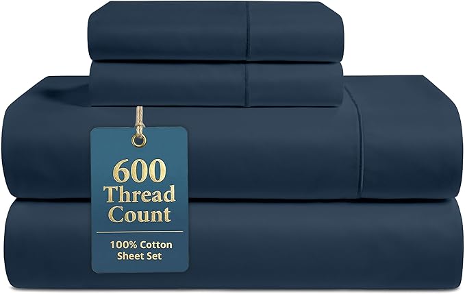 LANE LINEN 100% Cotton Deep Pocket Full Size Sheets Set - 600 Thread Count Premium Sateen Weave for A Silky Feel - Hotel Quality Softness for Year Round Comfort - Oeko TEX Certified - Denim