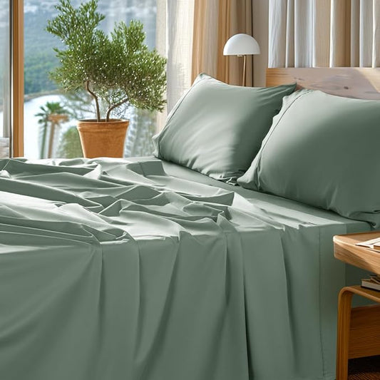 SONORO KATE 100% Egyptian Cotton Sheets Set - 1000 High Thread Count, Luxury 5-Star Hotel Sateen Bed Sheets, Soft, Breathable Long Staple Sheets, Fit up to 16" - 4 PC (Sea Glass,Queen)