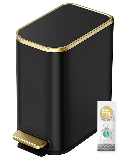 Cesun Small Bathroom Trash Can with Lid Soft Close, 5 Liter/1.3 Gallon Stainless Steel Garbage Can with Removable Inner Bucket, Step Pedal, Slim Waste Basket for Toilet, Office, Bedroom (Black&Gold) by Cesun