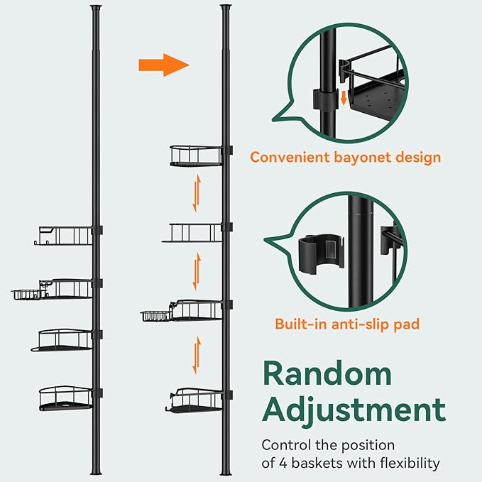 Corner Shower Caddy Tension Pole, 4 Tier Rustproof Shower Tension Rod Organizer, Adjustable 25-125 Inch Bathroom Shower Organizer Shelves for Bathtub Shampoo Storage, Black - Image 4
