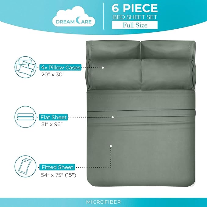 DREAMCARE Full Size Sheets - 6 pcs Breathable Cooling Bed Sheets - up to 15" Deep Pocket Full Size Bed Sheets wth Side Pockets - Extra Soft 100% Brushed Hypoallergenic Hotel Luxury Bedding -Sage Green