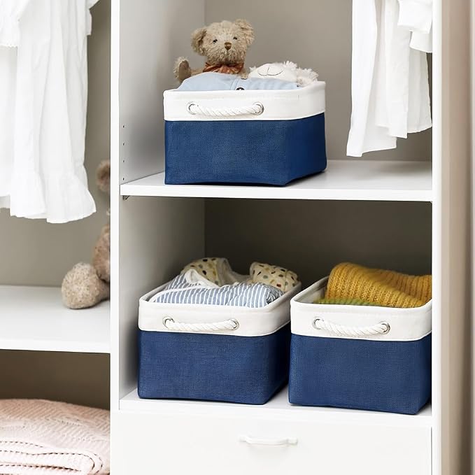TheWarmHome Storage Bins for Shelves - 1 Pack 13.8x9.7x6.7 inch Collapsible Storage Basket for Organizing, Dog Toy Bin for Closet Organizer laundry Cloth Nursery (White & Jean Blue) - Image 3