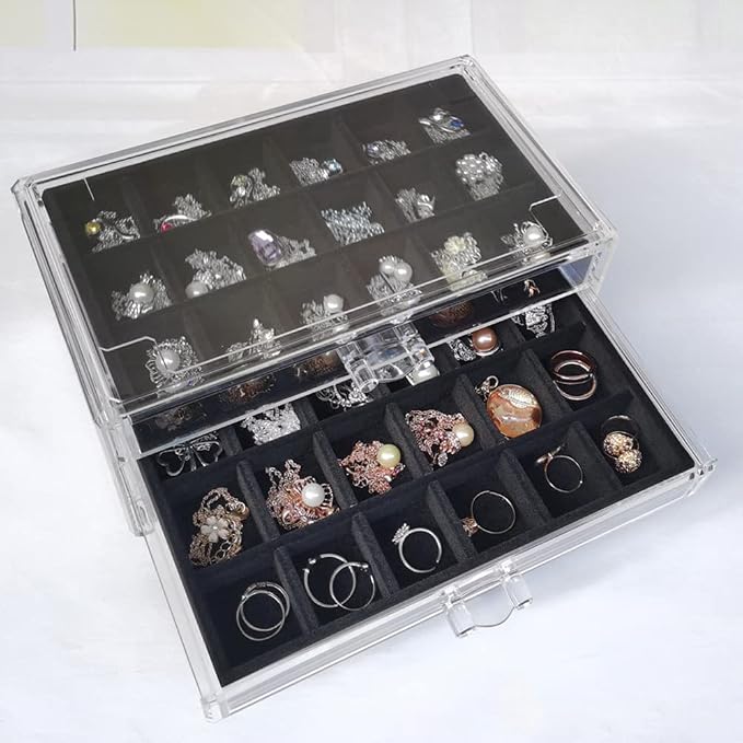 YUFONG Earring Organizer Box Acrylic Jewelry Organizer with 3 Drawers 54 Adjustable Grids Clear Stackable Earring Holder Velvet Trays Ring Display Case for Women Girls (Black) - Image 4