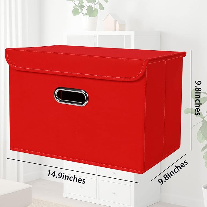 STOREONE Fabric Storage Cube Bins Foldable Organizer Container Collapsible Basket with Lids and Metal Handles, for Home, Bedroom, Closet 8 Pcs (Red) - Image 2