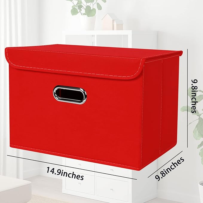 STOREONE Fabric Storage Cube Bins Foldable Organizer Container Collapsible Basket with Lids and Metal Handles, for Home, Bedroom, Closet 6 Pcs (Red) - Image 2