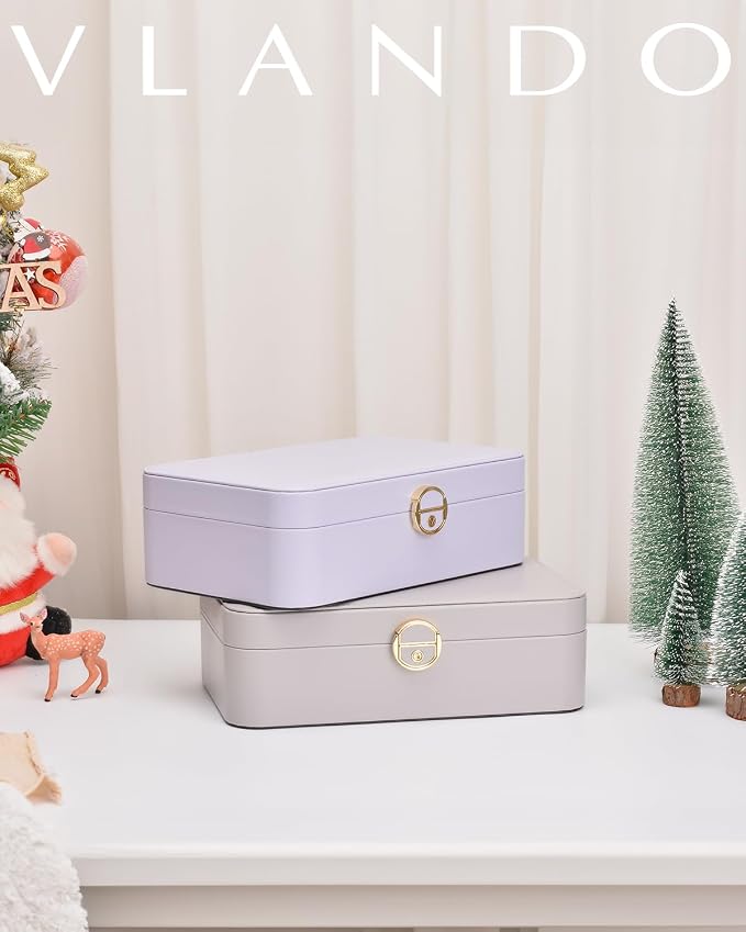 VLANDO Jewelry Box Organizer for Girl,Faux Leather Lockable Jewelry Holder Organzier Case Boxes with 2 Layers,Earrings Necklace,Rings Storage,Wedding Warm Gifts Purple - Image 6