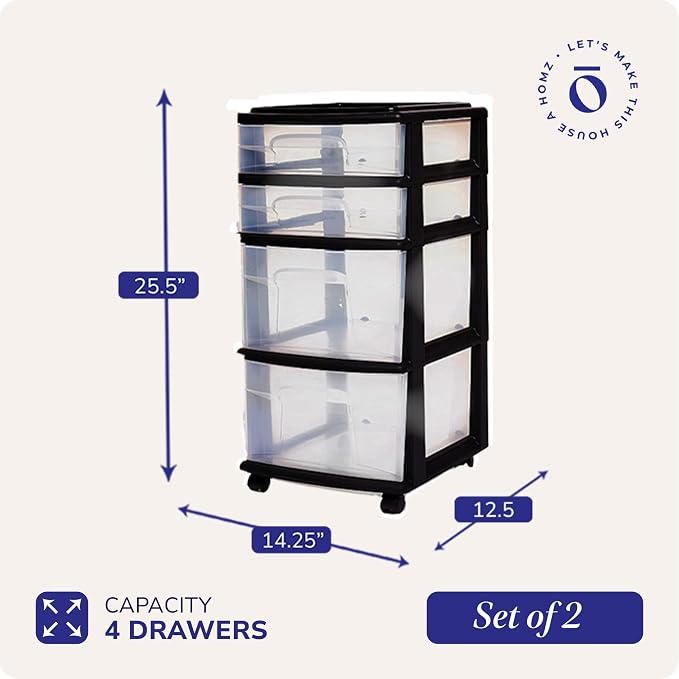 HOMZ 2-Pack Drawer Tower, 4-Tier Clear Plastic Storage Organizer Cart, Black Frame - Organizing Containers with Wheels for Home, Bathroom, Bedroom, Office, and Classroom - Image 3