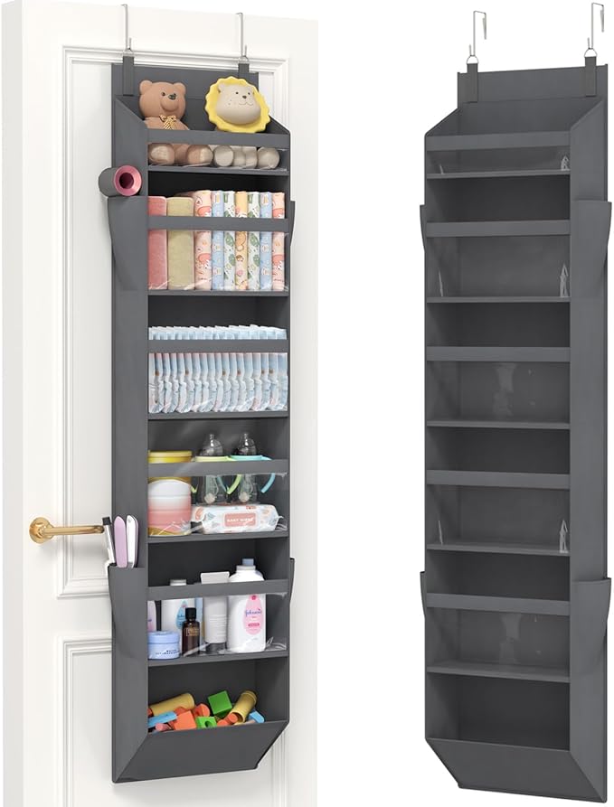 Lifewit 1 Pack Over the Door Organizer, 6 Section Clear Window Hanging Storage with 4 Side Pockets, Sturdy Anti Tilt 40 lbs Load Behind Door for Closet, Bedroom, Bathroom, Nursery, Dorm, Gray by Lifewit