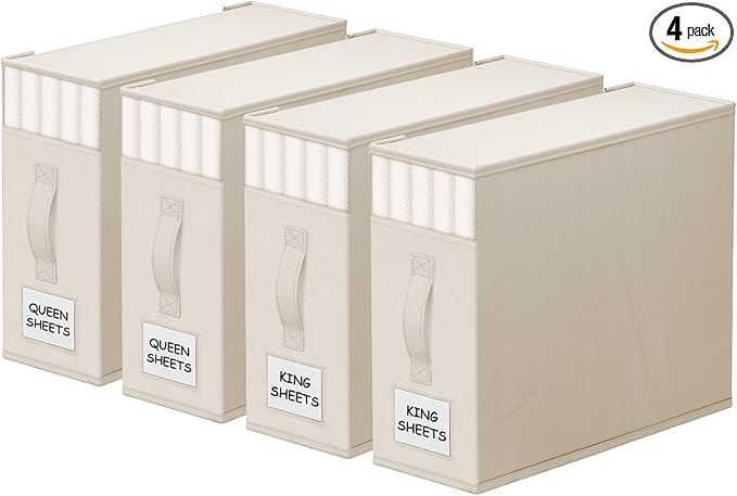 StorageTastic 4 Pack Bed Sheet Closet Organizers and Storage,Sturdy Foldable Storage Containers with Window and Label,Storage and Organization for Bedding Sheets,Duvet Covers,Blankets (Beige) by StorageTastic