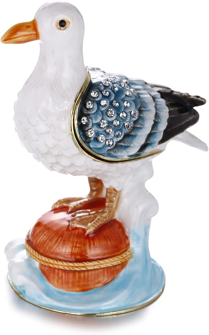 Hand Painted Enamel Seagull Trinket Box for Home Decor, Hinged Jewelry Organizer for Ring Earrings, Unique Figurine Keepsake Collectible Personalized Elegant Handmade Ornament Gifts (White Seagull) by AzurtLCX