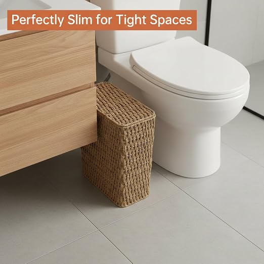 Coeusy 3 Gallon Paper Rope Bathroom Trash Can,Small Wicker Trash Cans with Lid and Liner,Woven Rattan Narrow Waste Basket for Bedroom,Office,Natural - Image 2