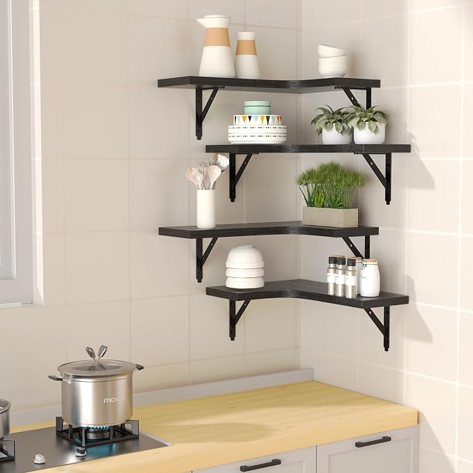 ROMGUAR CRAFT Corner Floating Shelves Wall Mounted Set of 4, Rustic Wood Storage Display Shelves for Home Decor, Bathroom, Kitchen, Bedroom, Living Room, Office (Black) - Image 2