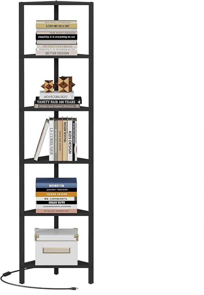 TUTOTAK Corner Shelf with LED Light, 6-Tier Corner Bookshelf for Small Space, Narrow Display Corner Shelf Stand with Storage Rack, for Living Room, Bedroom, Black BS05BK006L - Image 7