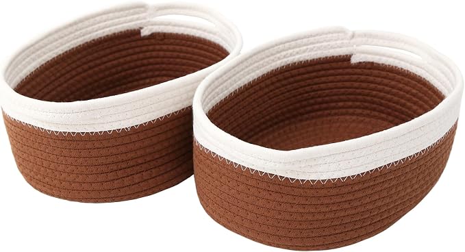JMvicyroam Woven Basket,Small Rope Storage Bin with Handles & Ribbon Bag, Organizer for Shelves Closets,Gift Basket Empty for Birthday,Books,Dog Toys, White&Brown/2 Pack by JMvicyroam