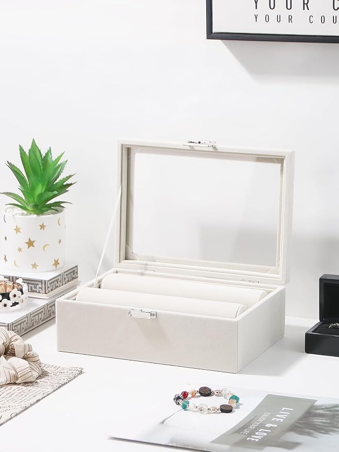 Bracelet Holder Organizer Box, Jewelry Storage Case with 2 Rods, Bangle Watch Display Tray for Women Girls (Beige) - Image 5
