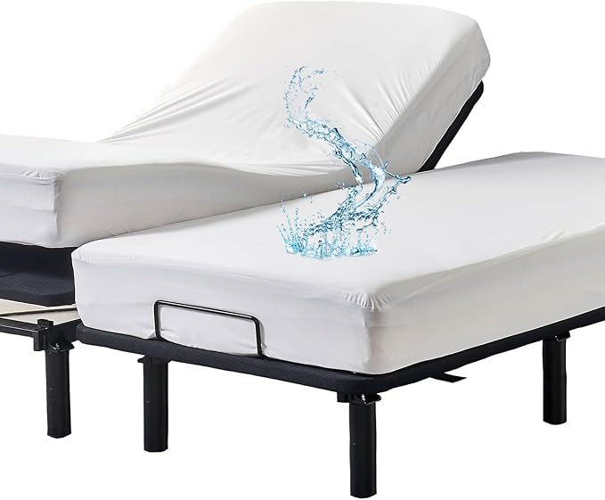 Kingnex Waterproof Split Queen Mattress Protector for Adjustable Bed Contains 2 Cover 30x80 Fitted Sheet Style with Elastic Deep Pocket Mattress Cover White