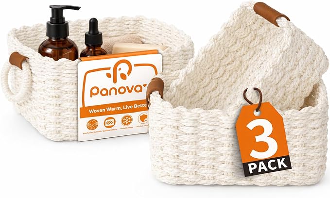 Storage Basket, Recycled Paper Rope Bathroom Basket Organizer, 3Pcs Small Baskets for Organizing, Mini wicker Basket for Decorative Storage Bins, Shelves, Bathroom, Cabinet - White by Panovox