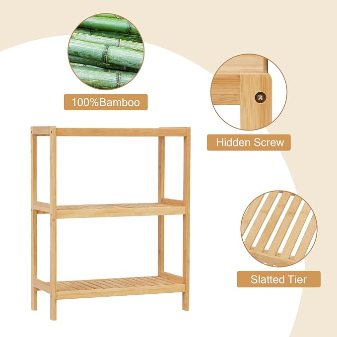 Bamboo Bathroom Shelf, Stand Utility Storage Shelf Multifunctional Bathroom Kitchen Living Room Holder Plant Flower Stand (3-Tier) - Image 4