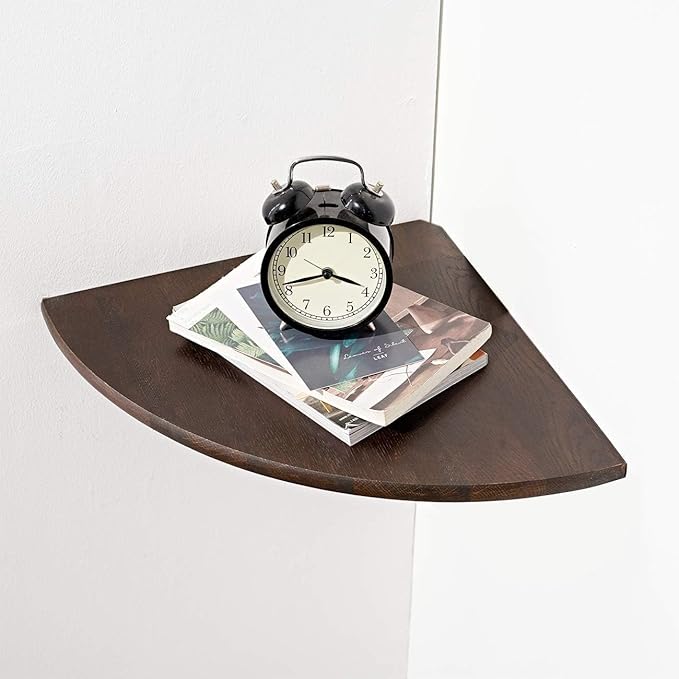 Corner Shelf, Solid Oak Wood Floating Corner Shelf Wall Mount Round End Floating Speaker with Wire Hole for Small Plant Photo for Bedroom Kitchen, Living Room Walnut by Coamily