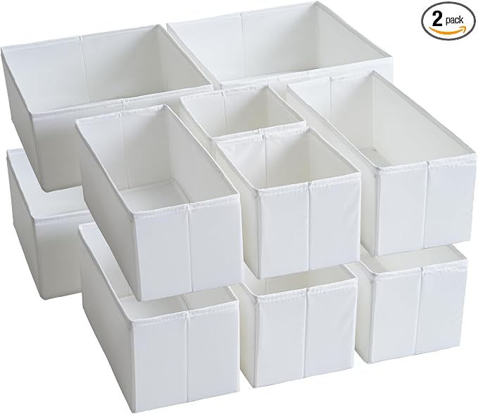 TYEERS Drawer Organizers, Durable Fabric, Washable, with Base Support Boards, Small Storage Boxes for Bathroom, Closet, Dresser, Set of 12, White by StorageOrganization