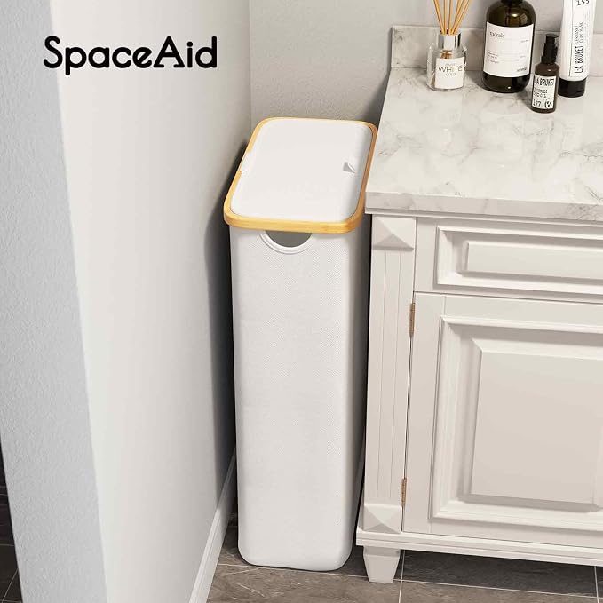 SpaceAid Slim Laundry Hamper with Lid, 65L Narrow Clothes Basket Bin with Bamboo Handles, Skinny Tall Collapsible Hamper for Bedroom, Bathroom, Dorm, Laundry Room - White - Image 7