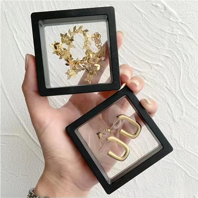 12PCS 3D Floating Frame Display Stand, Jewelry Box, Gift Box, Ornament Organizer, Small Travel Jewelry Box, PE Film Anti-Oxidation, Suspended Display Box Stackable (Black, 2.75*2.75) - Image 3