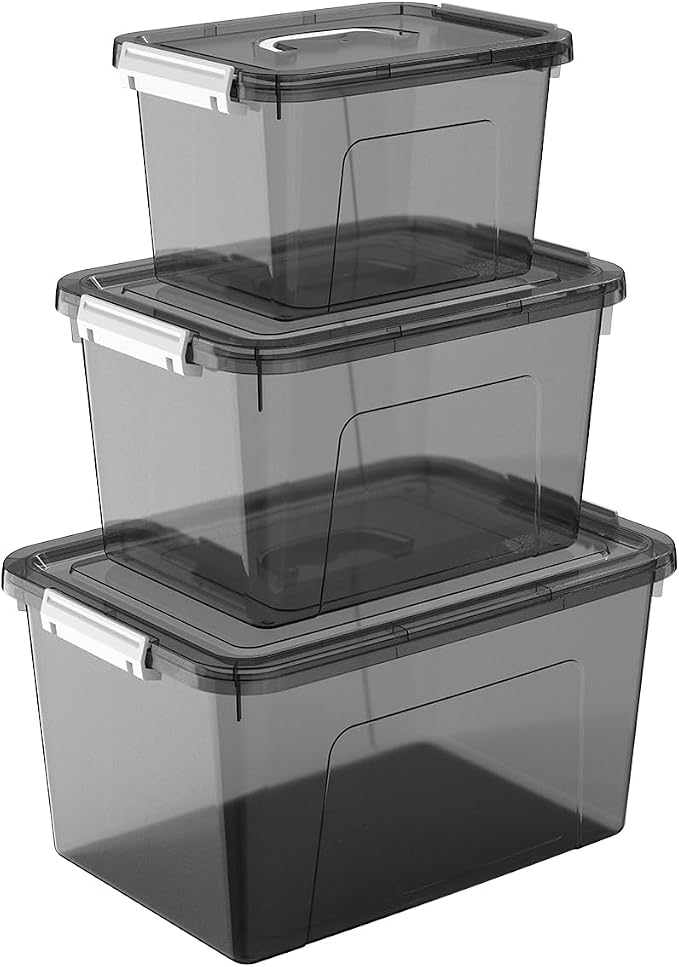 Plastic Storage Bins with Lids, 3 Pack Mixed Sizes (22 Qt, 16 Qt, 7 Qt) Clear Black Stackable Organizer Boxes with Latches for Closet, Pantry, Garage, Bathroom, Office by JUJIAJIA