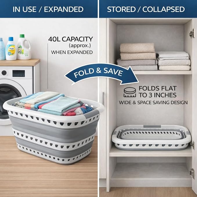 Laundry 360 Collapsible Laundry Basket 40L | Portable | Space Saver Storage | Hold 2 Loads | Store Under the Bed or Closet | Good for Kids | Dorm | Bedroom | Large | White/Grey - Image 7