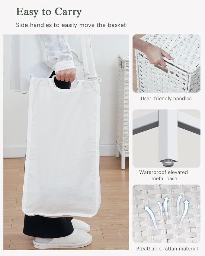SETVSON Laundry Hamper with Lid,112 L Handwoven Rattan Wicker Laundry Basket, 2 Removable Liner Bags Metal Heightened Feet,6 Mesh Bags,2 Section Large Clothes Hamper for Bathroom Bedroom, Cloud White - Image 4
