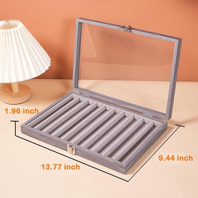Glass Lid Necklace Organizer Box Transparent Necklace Holder Organizer Velvet Necklace Display Box Clear Lid Jewelry Storage Stackable Necklace Display Case for Women Girls (Grey) - Image 6