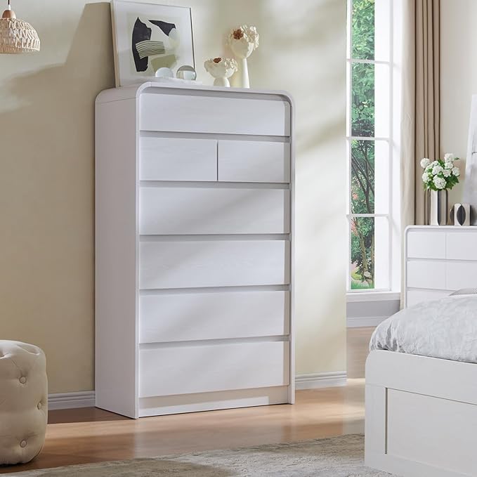 Aitjunz Modern 7 Drawers Dresser for Bedroom, 55" Tall Dressers & Chest of Drawers w/Curved Profile Design, Wood Mid Century Vertical Storage Dressers Organizer for Bedroom, Living Room, White