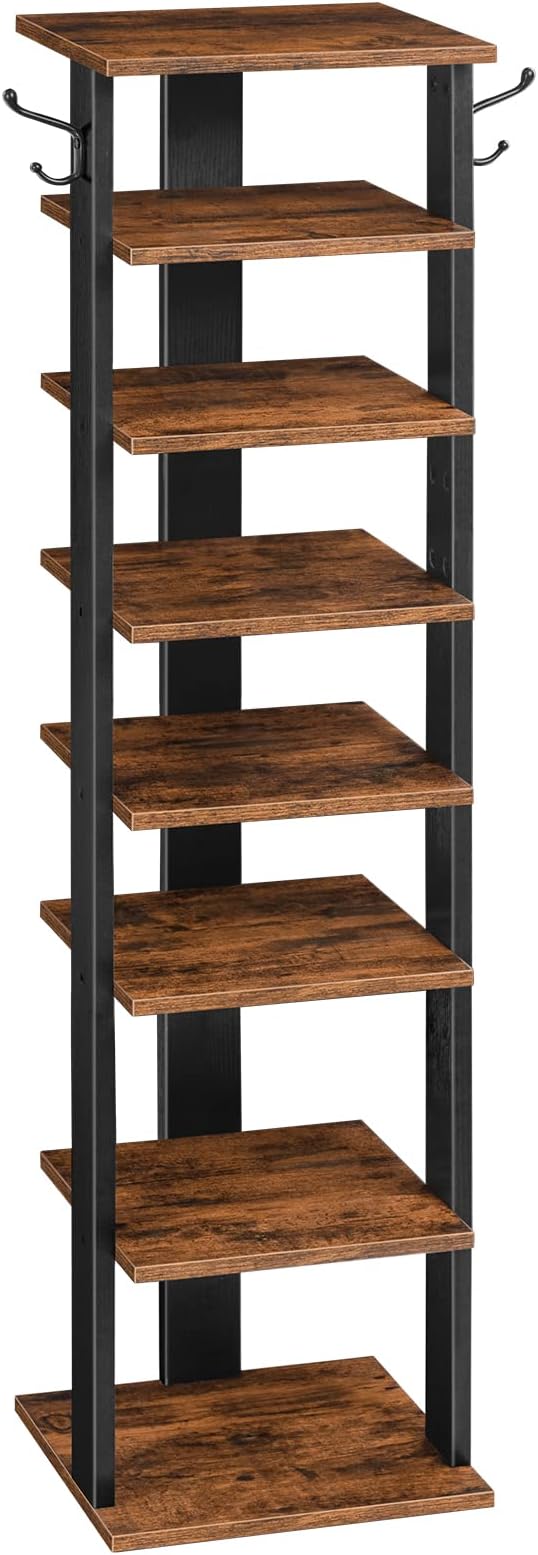 HOOBRO 8 Tiers Vertical Shoe Rack, Wooden Shoe Storage Organizer with Hooks, Narrow Shoe Tower for 8 Pairs, Space Saving, for Entryway, Living Room, Bedroom, Rustic Brown BF07XJ01G1 by HOOBRO