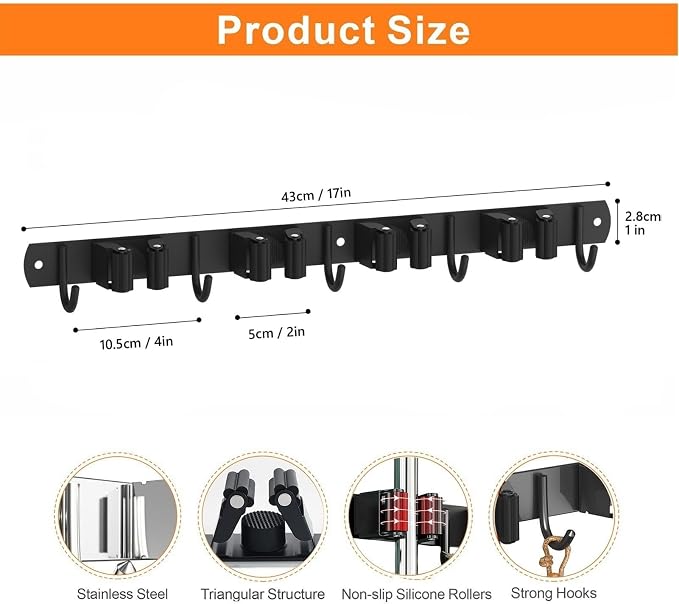 CUXIXA 2 Pack Mop and Broom Holder Wall Mount, Non-slip Broom Hanger Wall Mount, Heavy Duty Mop Broom Organizer for Kitchen Garden Garage Laundry Room Wall Decor Organization and Storage Black 4R5H - Image 5