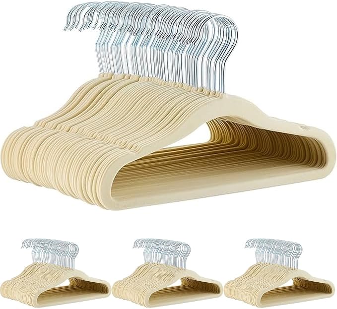 Amazon Basics Kids Velvet, Space Saving, Non-Slip Clothes Hangers for Infant and Toddler, Durable, 11.6 inches (for Baby Clothes), Pack of 200, Beige by AmazonBasics