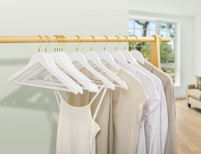 Amber Home 20 Pack White Wooden Coat Hangers with Gold Hook, White Wood Suit Hangers with Non-Slip Pant Bar, Clothes Hangers for Closet Organization, Shirts, Jackets, Dresses and Pants (White+Gold,20) - Image 6