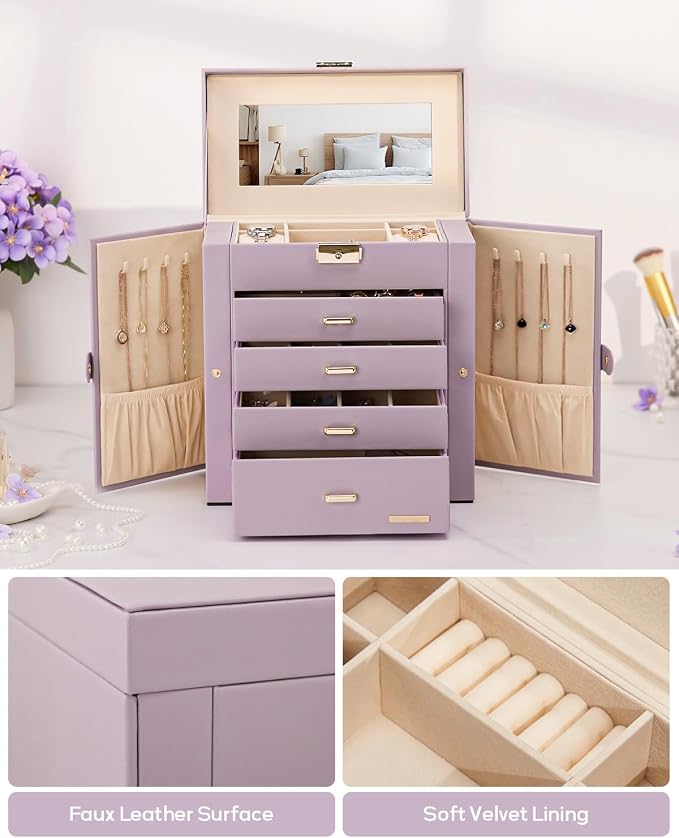 Homde Synthetic Leather Huge Jewelry Box Mirrored Watch Organizer Necklace Ring Earring Storage Lockable Gift Case (Grey Purple + Gold) - Image 6