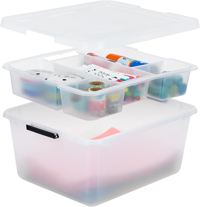 IRIS USA 18 QT Clear Storage Organizer with Removable Dividers, Stackable Plastic Storage Box with Lid, Modular Container for Crafts, Tools, Office & Pantry Organization by IRISUSA