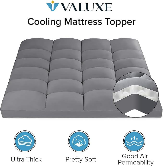 VALUXE King Mattress Topper Cooling Pillow Top Fitted Mattress Pad Cover Extra Thick Bed Topper Down Alternative Soft Mattress Protector for Back Pain Relief with 8-21 Inch Deep Pocket Grey