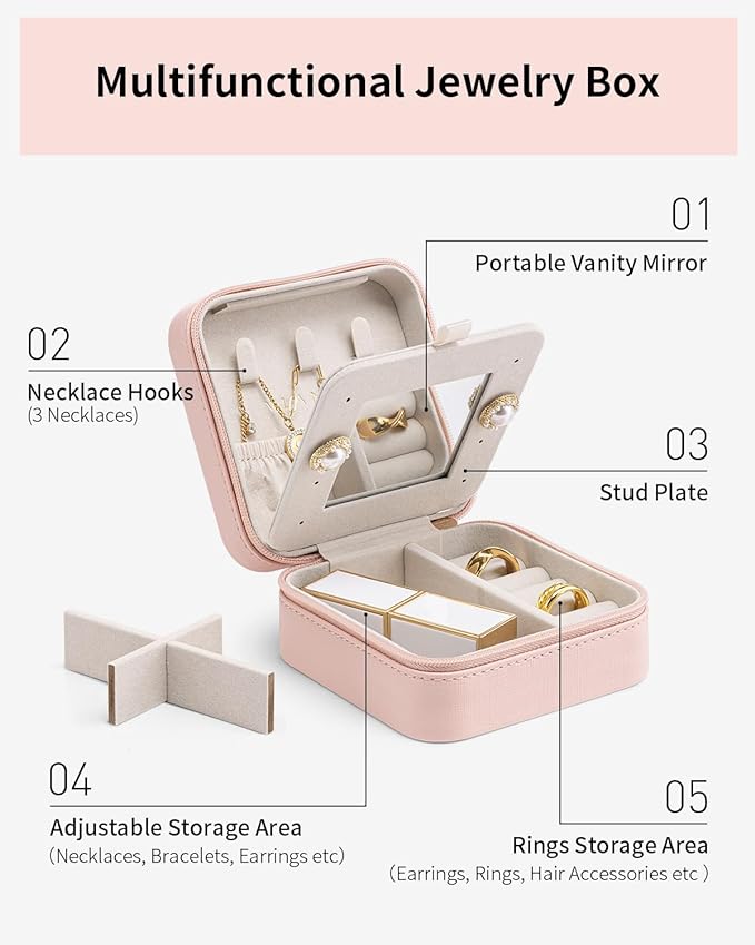 VLANDO Valentines Day Gifts - Small Travel Jewelry Box Organizer -Jewelry Display Case for Girls Women Bridesmaid Gift Rings Earrings Necklaces Storage with Mirror Pink - Image 5