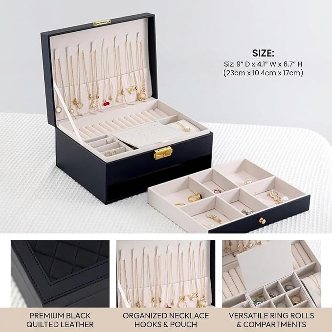 GUOER Jewelry Box for Women Girl Wife - Large PU Leather Jewelry Organizer Storage Case with Two Layers Display for Earrings Bracelets Rings Watches Mothers Day Gifts (Black) - Image 3