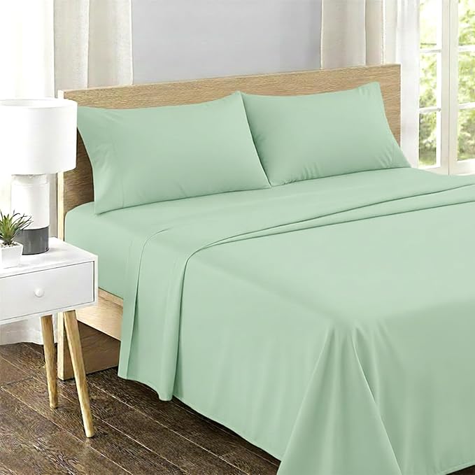 Feather & Stitch 500 TC King Size 4pc Damask Bed Sheet Set, 100% Soft Cotton Breathable Bedsheets, 18" Deep Pockets Sateen Weave Striped Bedding Mattress Resort Hotel Luxury Decor - (Soft Sage)