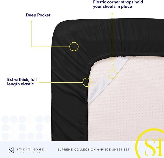 Queen Size Bed Sheets - Breathable Luxury Sheets with Full Elastic & Secure Corner Straps Built In - 1800 Supreme Collection Soft Deep Pocket Bedding, Sheet Set, EXTRA DEEP pocket - Queen, Black
