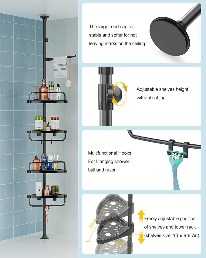 ADOVEL 4 Layer Corner Shower Caddy, Stainless Steel Constant Tension Pole Shower Organizer, Adjustable Corner Shower Shelf, Rustproof 3.3 to 9.8 ft - Image 5