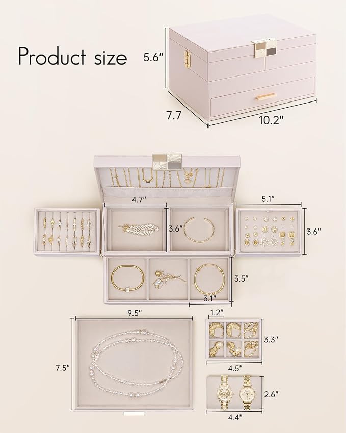 VLANDO 3 Layer Jewelry Box - Women Jewelry Box with Retractable Tray - Jewelry Organizers with Drawer for Necklaces, Rings, Bracelets, Earrings, Gift for Couples Mom Girls - Pink - Image 5