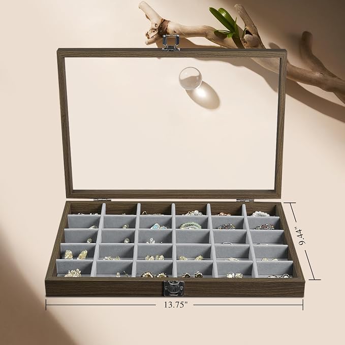Stratalife Wood Jewelry Organizer 30 Grid Earring Tray Jewelry Holder Ring Box Earring Holder Organizer with Clear Lid Ring Storage for Women Vintage Style - Image 5