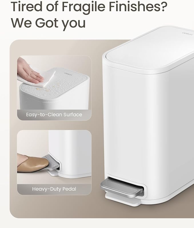 Cesun Small Bathroom Trash Can with Lid Soft Close, Step Pedal, 5 Liter / 1.3 Gallon Stainless Steel Garbage Can with Removable Inner Bucket, Waste Basket for Bathroom, Bedroom (White) - Image 3