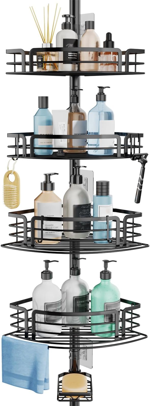 Consumest Corner Shower Caddy Tension Pole - Rustproof Shower Shelves with Towel Bar & Soap Holder, Adjustable Bath Organizer for Bathroom Storage, 27.6-108.3 inch, Black by Consumest