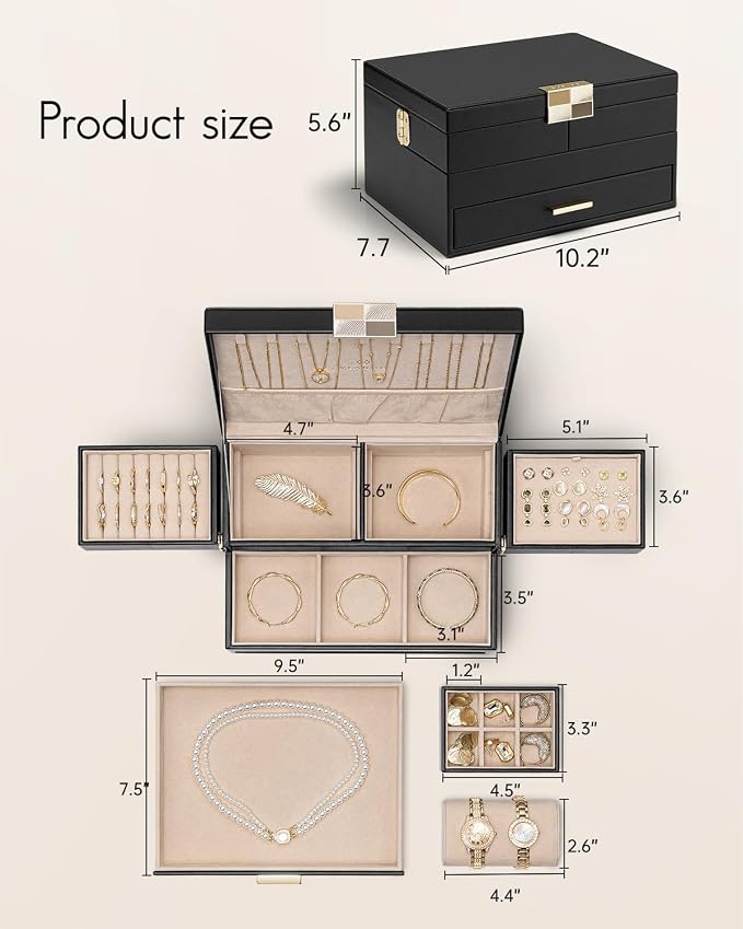 Vlando 3 Layer Jewelry Box - Women Jewelry Box with Retractable Tray - Jewelry Organizers with Drawer for Necklaces, Rings, Bracelets, Earrings, Gift for Couples Mom Girls - Black - Image 5